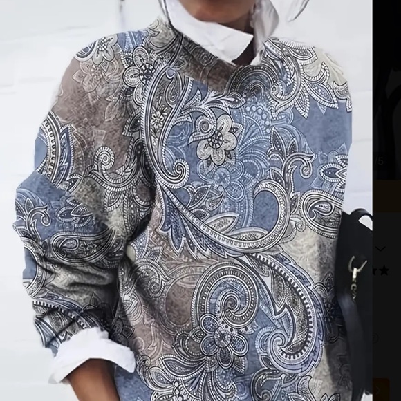 Sweaters - Blue Gray Paisley Statement Sweater Crewneck Allover Print